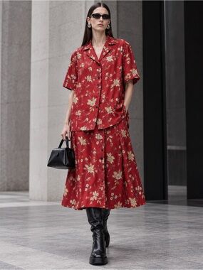 Anna And Frank Vintage Red Floral Silk Skirt Set Size S